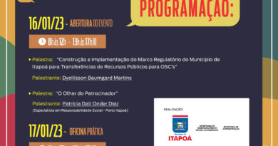 A Prefeitura Municipal de Itapoá realiza de 16 a 18 de janeiro, na Câmara Municipal de Vereadores o Fórum das Entidades 2023 – Lei do Marco Regulatório n°13019/2014.